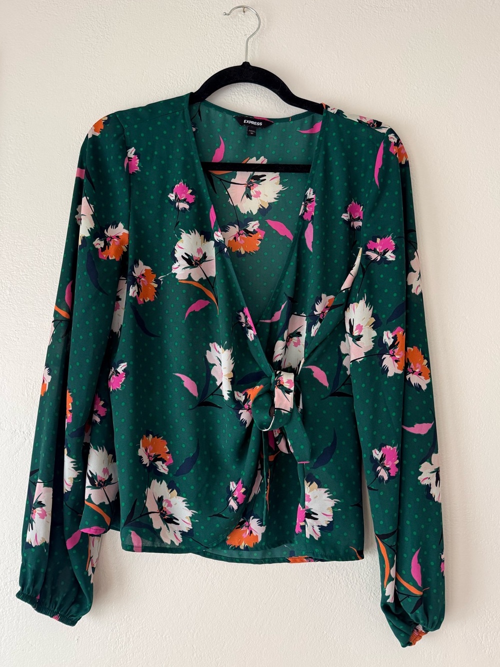 Express Emerald Green Floral Tie-Front Blouse